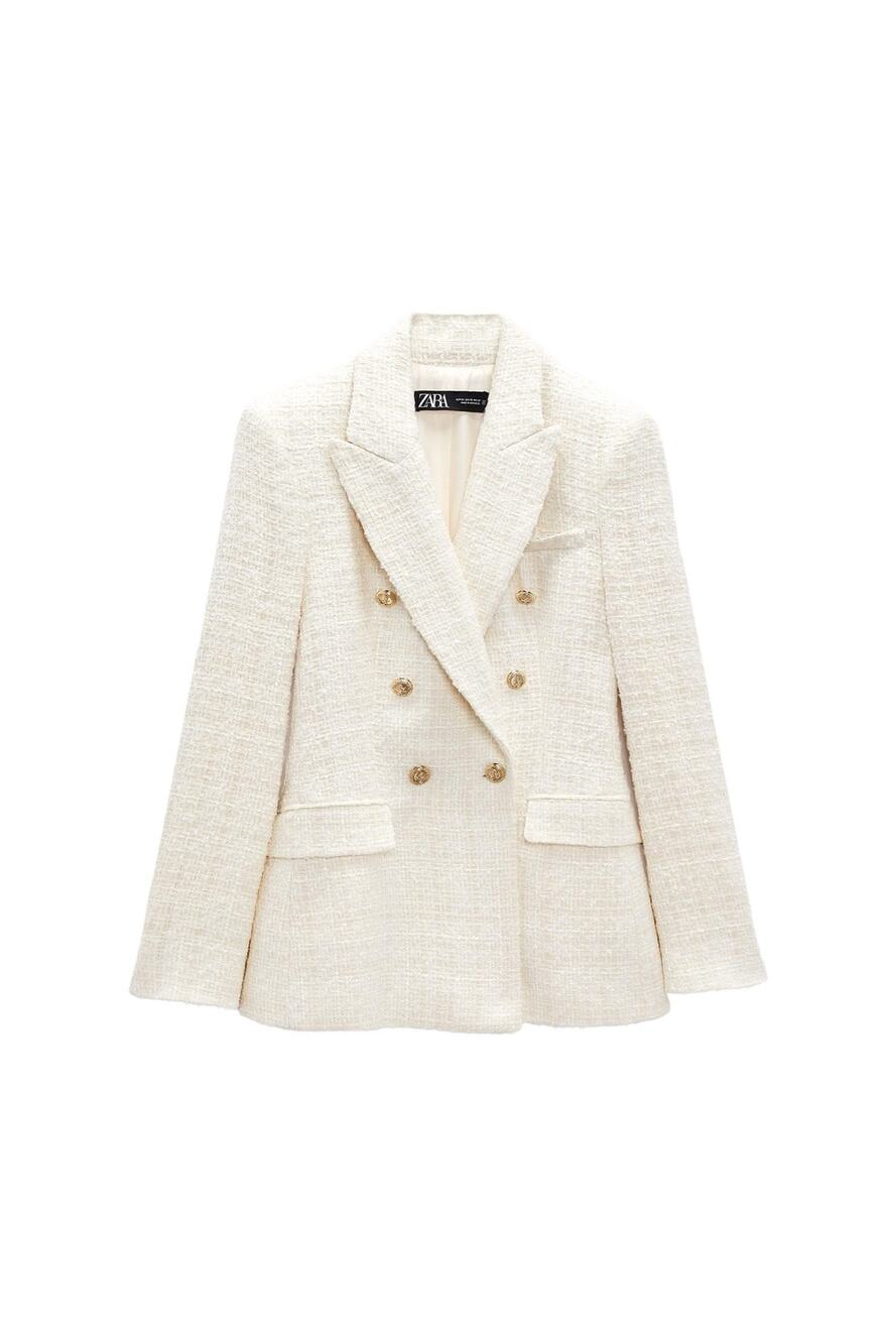 Formal Work Preppy Tweed Cream Double Breasted Structured Nautical Zara Blazer